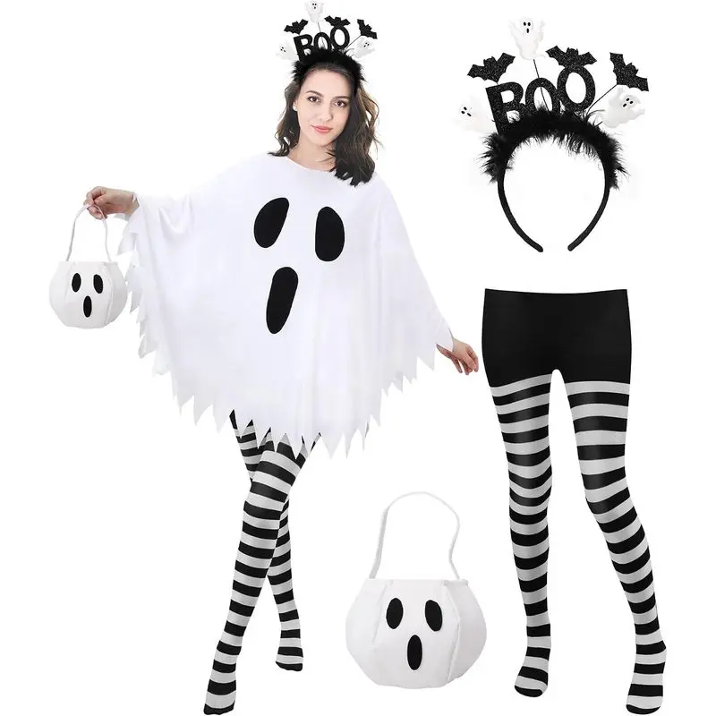 4‑Pcs Adult Women Ghost Halloween Costume Set, Ghost Poncho, Matching Headband, Black‑White Striped Tights & Trick‑or‑Treat Candy Bag, Easy‑to‑Wear Cosplay Outfit for Halloween Party & Holiday Dress‑Up