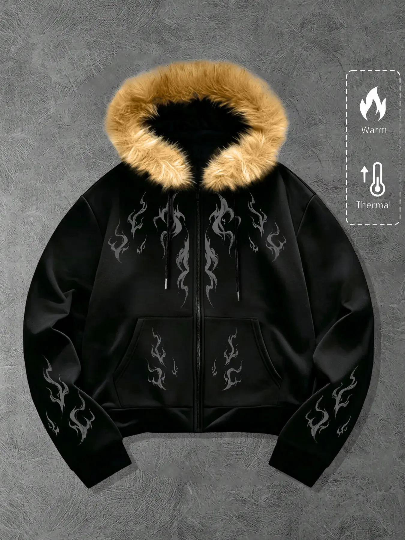 Men's Fall Winter Hooded Jacket, Detachable Fur Collar, Gothic Flame Pattern, Casual Loose-Fit, Street Fashion, Daily Wear