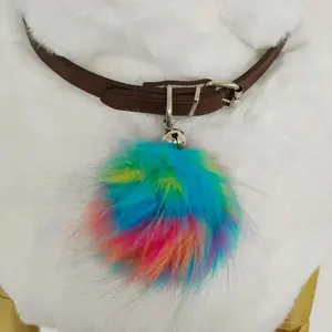 Colorful Furry Pom Pom Choker - Adjustable PU Leather Neck Collar with Bell, 70cm, 2 Styles (Orange/Blue)