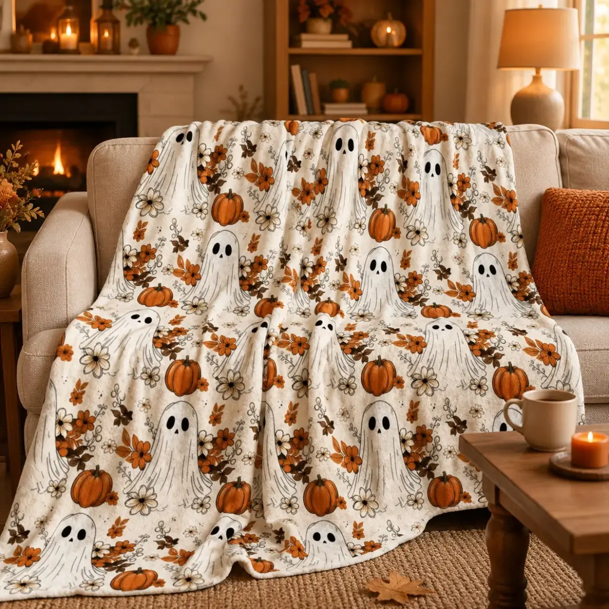 Vintage Neutral All Over Print Flannel Throw Blanket - Spooky Cottagecore Ghost, Pumpkin Designs, Lightweight Ultra Soft Fuzzy Plush, All Season Cozy Warm, Halloween Gifts, Living Room Decor, Home Decor Items, Ghost Print Blankets for Couch Bed