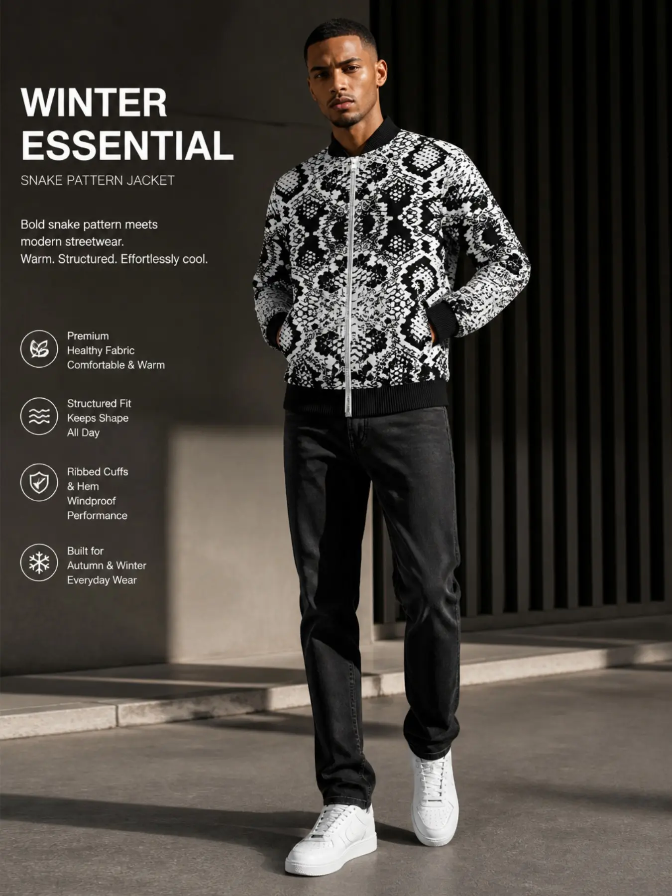 Men's Snake Pattern Full Zip Bomber Jacket, Vintage Python Animal Print Baseball Collar Sport Jacket, Fall & Winter Fashion