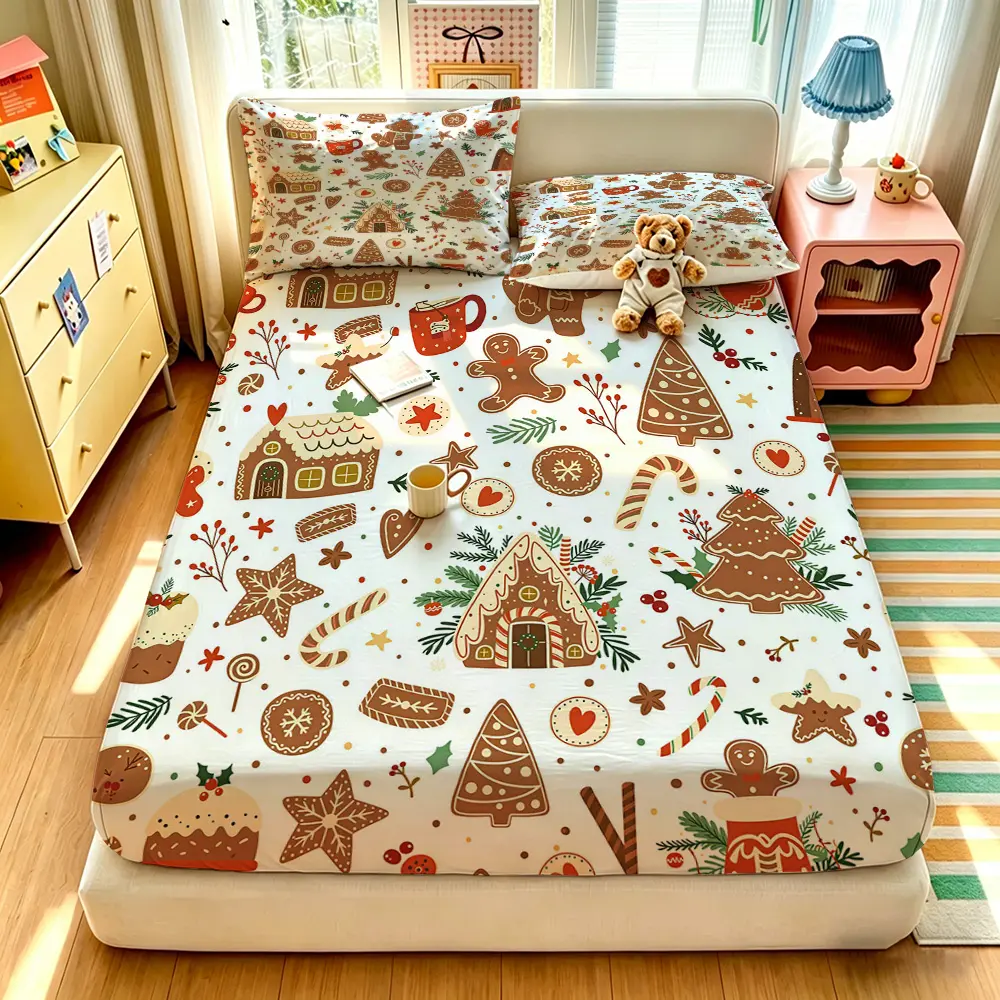 3‑Piece Bedding Set, 1 Duvet Cover + 2 Pillowcases No Insert, Christmas Gingerbread House Dessert Print, Soft Microfiber Bedding Decor for Hotel Bedroom Dorm Single Bed Holiday Festival Home Decoration