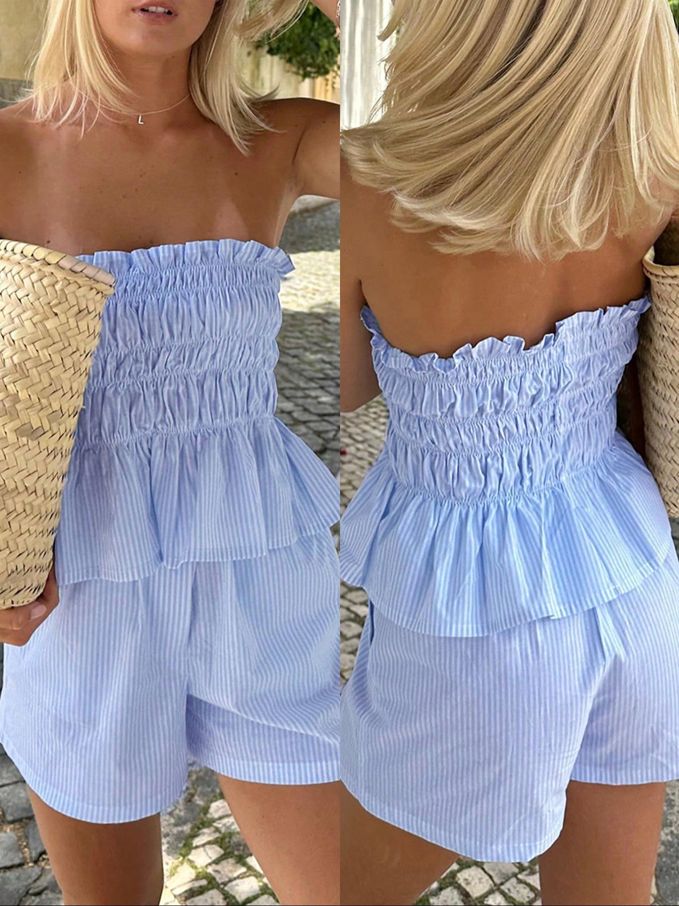 Two-piece Set Women's Striped Print Tube Top & Shorts Set, Casual Strapless Top & Shorts for Daily Wear, Ladies Clothes for Summer Outfit
