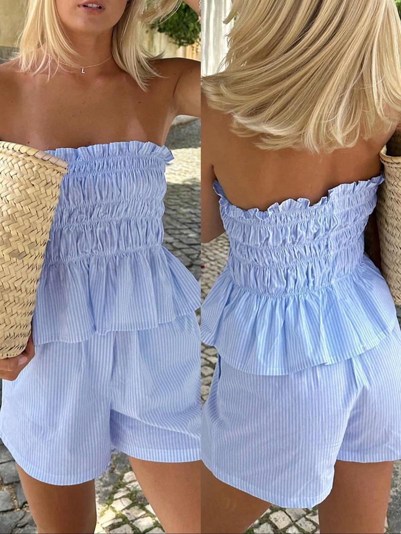 Two-piece Set Women's Striped Print Tube Top & Shorts Set, Casual Strapless Top & Shorts for Daily Wear, Ladies Clothes for Summer