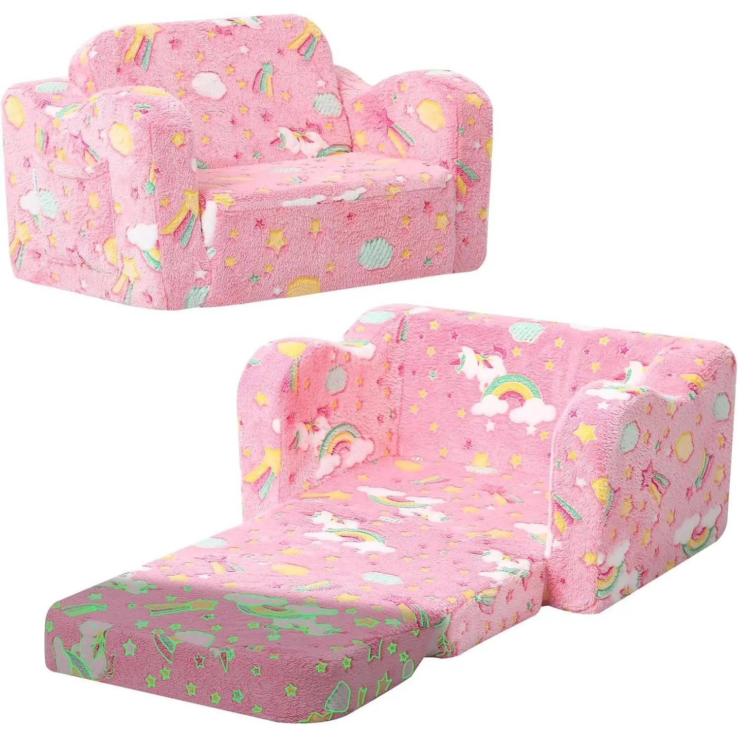 Glowing Pink Rainbow Kids Recliner Chair - 2-in-1 Glow-in-the-Dark Fold-Out Sofa for Girls, Comfy Plush Foam, Washable Cover, for Playroom Nursery, Ages 1-3 | Reading, Lounging