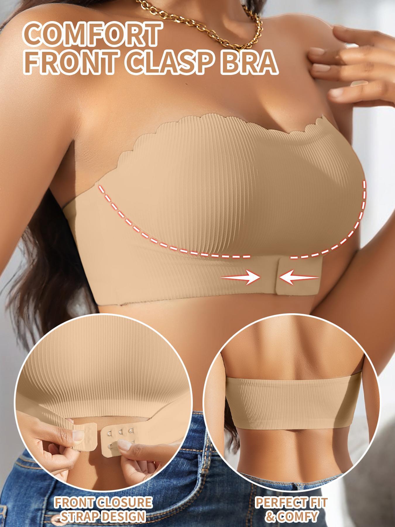 Women's Solid Wireless Strapless Bra, Comfortable Breathable Hook & Eye Front Bra, Women's Lingerie for Daily Wear, Breathable Bras