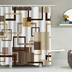 Modern Brown Geometric Pattern Shower Curtain, Machine Washable, Waterproof, Privacy Protection, Square Print Design, Polyester Fabric, Easy Installation - Ideal For Bathroom Windows, Home Bathroom Decor.