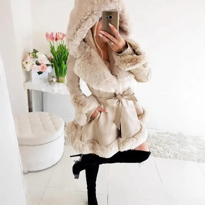 Belted Faux Fur Hooded Fit Coat Faux Fur Chav Coat Women's Double Breasted Wool Coat Double-Breasted Pea Coat Long Sleeve Open Front BlazerGift2026 new