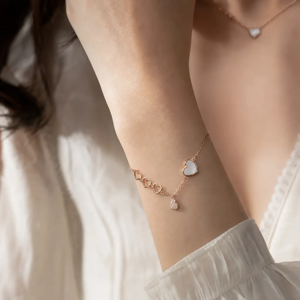 Heart Bracelet, Rose Gold Tone Alloy with Enamel & CZ Accents, Dainty Adjustable Chain, Delicate Friendship Jewelry for Women, Sisters & Daily Wear