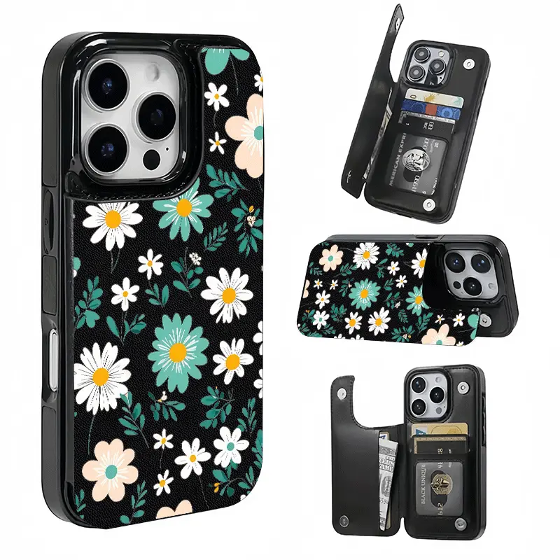 Daisy Floral Card Holder Leather Case, Printed phone case, not 3D textured. Features card slot for bank cards, transit cards etc. Compatible with iPhone 17/16/15/14/13/12. Unisex, great holiday gift.