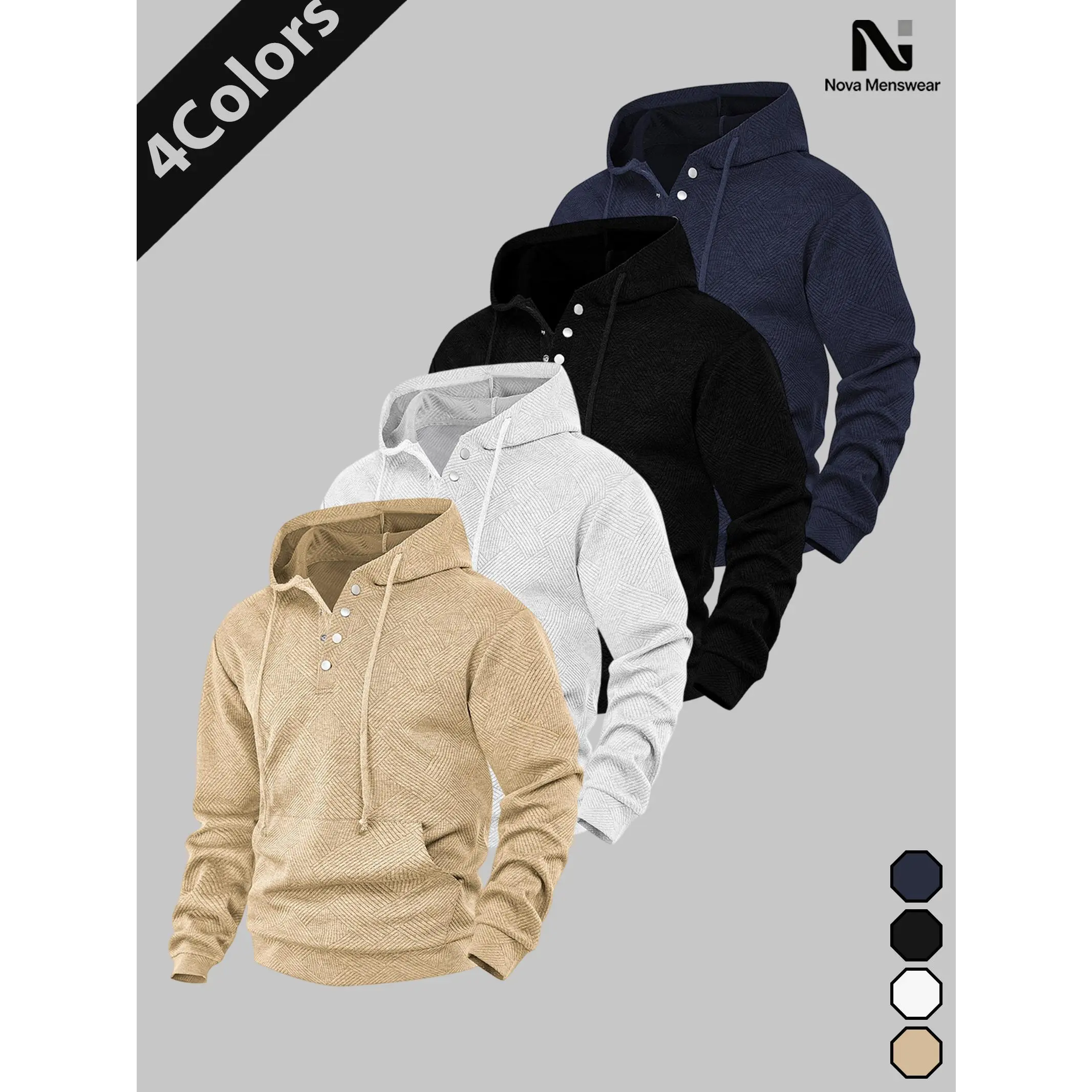 Men's Jacquard Pattern Pullover Hoodie, Long Sleeve Henley Sweatshirt with Snap Buttons & Kangaroo Pocket, Casual Menswear, Machine Wash, Polyester, Activewear, Basic, Outdoor, Streetwear, Drawstring, Tops, Textured, Longsleeves, Fashion Apparel, Henley H