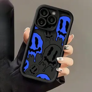 Cartoon joyful Face Pattern Mobile Phone Case Black Anti-Fall Mobile Phone Case Full Lens Cover/Simple/Anti-Fall/Case Suitable for iPhone 17 16 15 14 13 12 11 X XS AIR E PLUS Series Shockproof Drop Protection Rugged Durable Silicone Cover