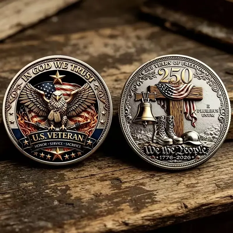 2D New Challenge Coin Collection, American Independence 250th Anniversary, Dual-Sided Eagle and Liberty Bell, Vintage Metal Gift with Case