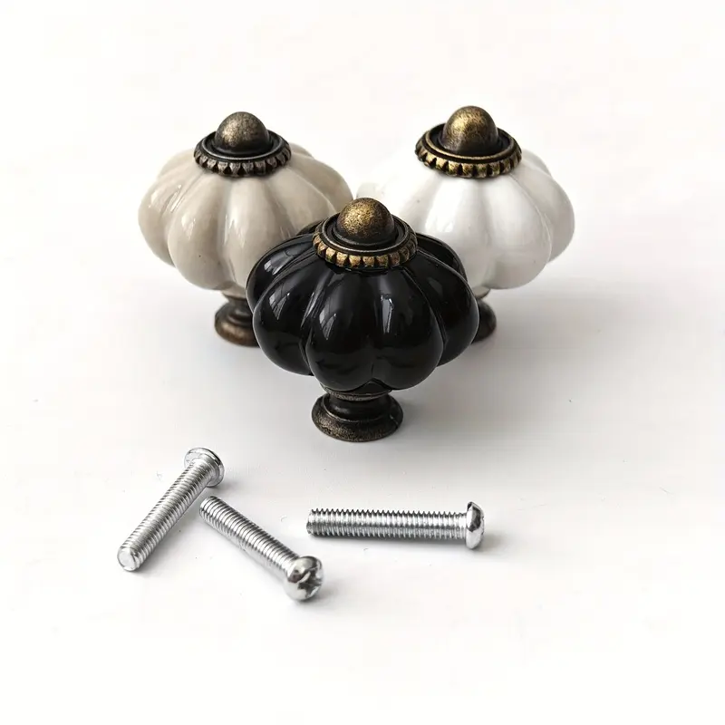 6pcs black/white/bone tricolor ceramic handle, high-temperature firing pumpkin lantern shape, suitable for cabinets, drawers, wardrobes, bedside tables, dresser furniture storage boxes, etc., with simple installation of screws.