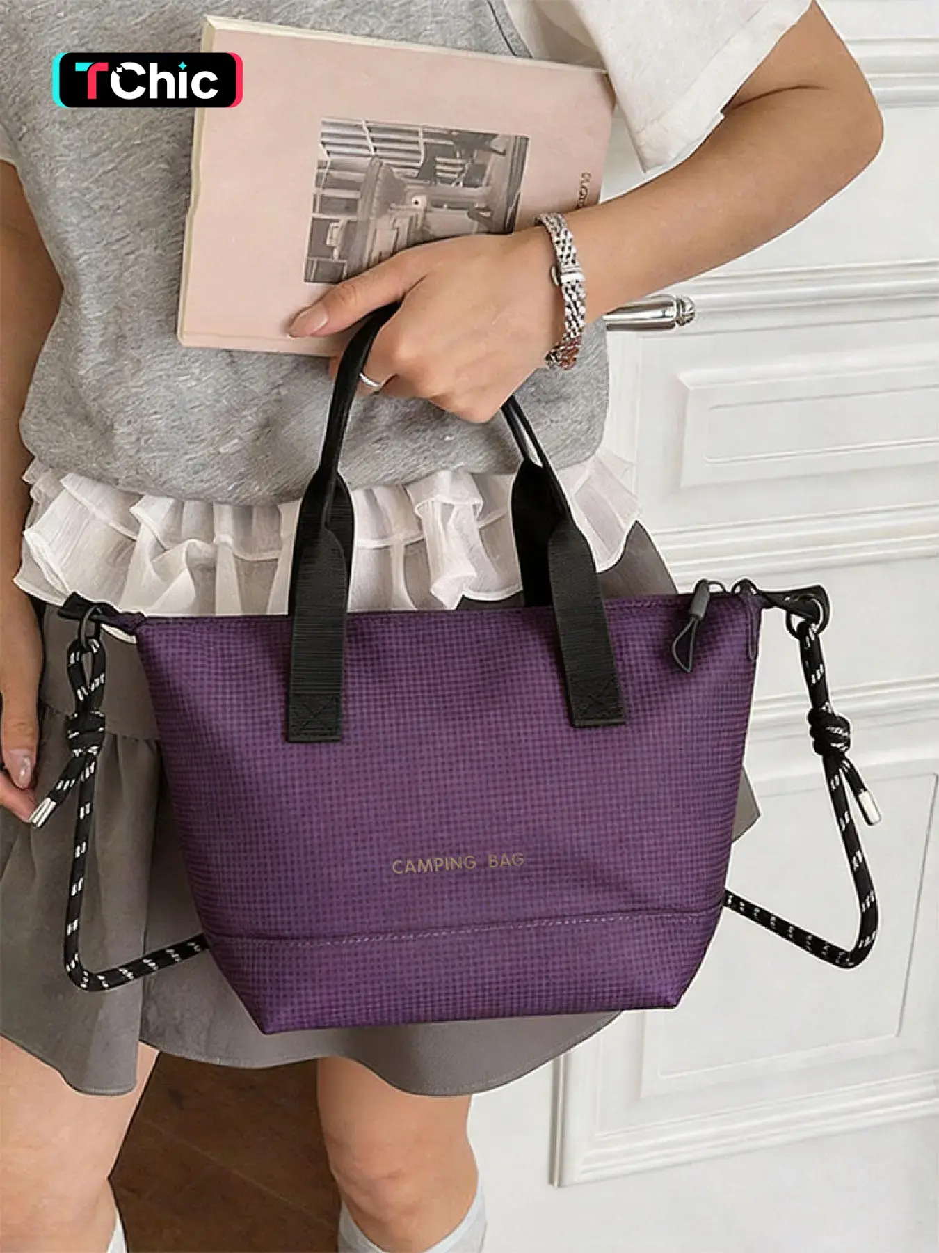 Mini design handbag; minimalist casual letter design color-block black handle with macaron round bead woven shoulder strap; compact size suitable for daily outings, beach camping, and supermarket shopping; stylish dual-use crossbody bag.