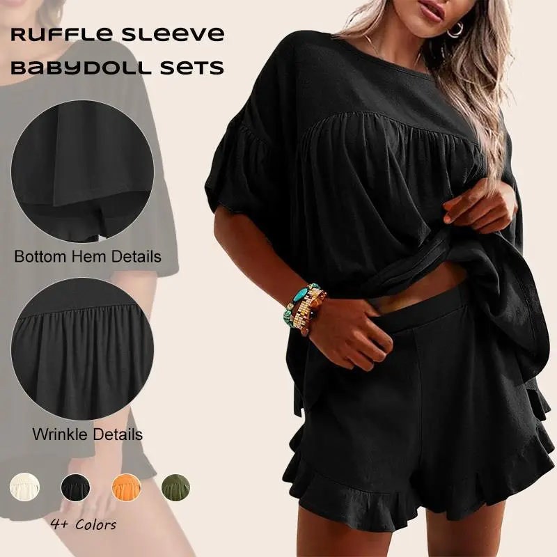 Imily Bela  Womens 2 Piece Pajama Sets Vacation Outfits Ruffle Sleeve Babydoll Tops and Shorts Lounge Matching Set