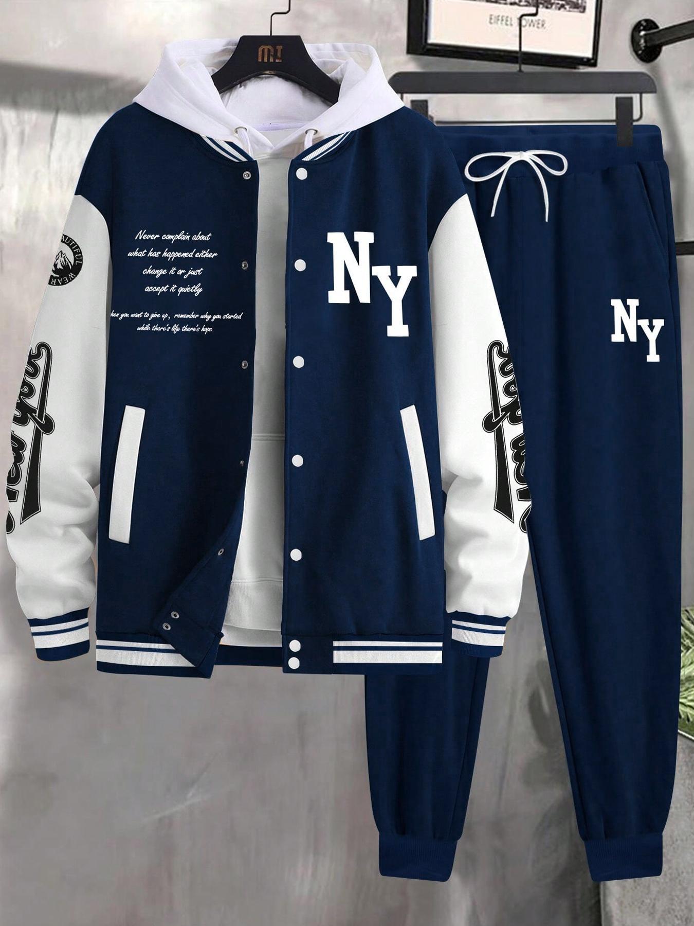 Men's Letter Print Baseball Jacket Long Sleeves & Sweatpants Two-Piece Set, Regular Fit Casual Fashion Cozy Breathable Two Piece Outfits for Daily Outdoor Wear, Men Clothes for Fall & Winter