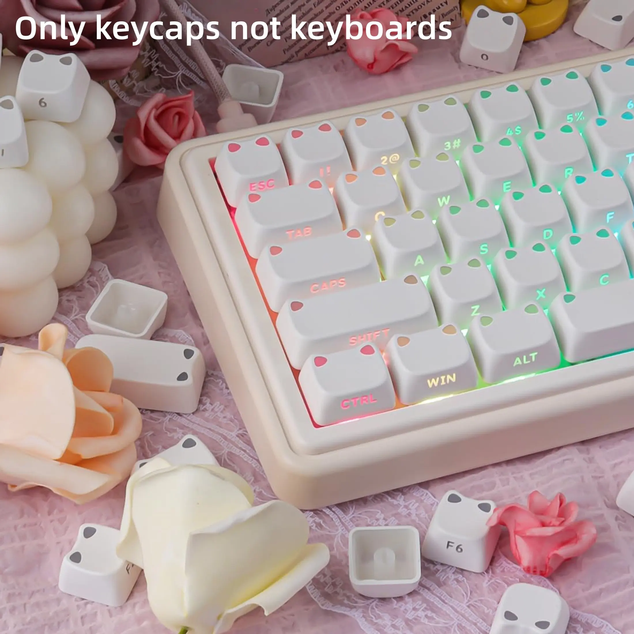 Mao Cat's Ears Translucent Keycaps, Side-Engraved Characters, Minimalist Design, Pbt Material, Compatible with 6.25u Space Layouts, Keyboard Keycaps