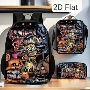This 3-piece Freddy pattern backpack set, in a 2D Flat design, includes a large-capacity casual backpack, pencil case, and shoulder bag.It's hand washable, features a zip closure, a cool print design, and is lightweight and durable, suitable for various