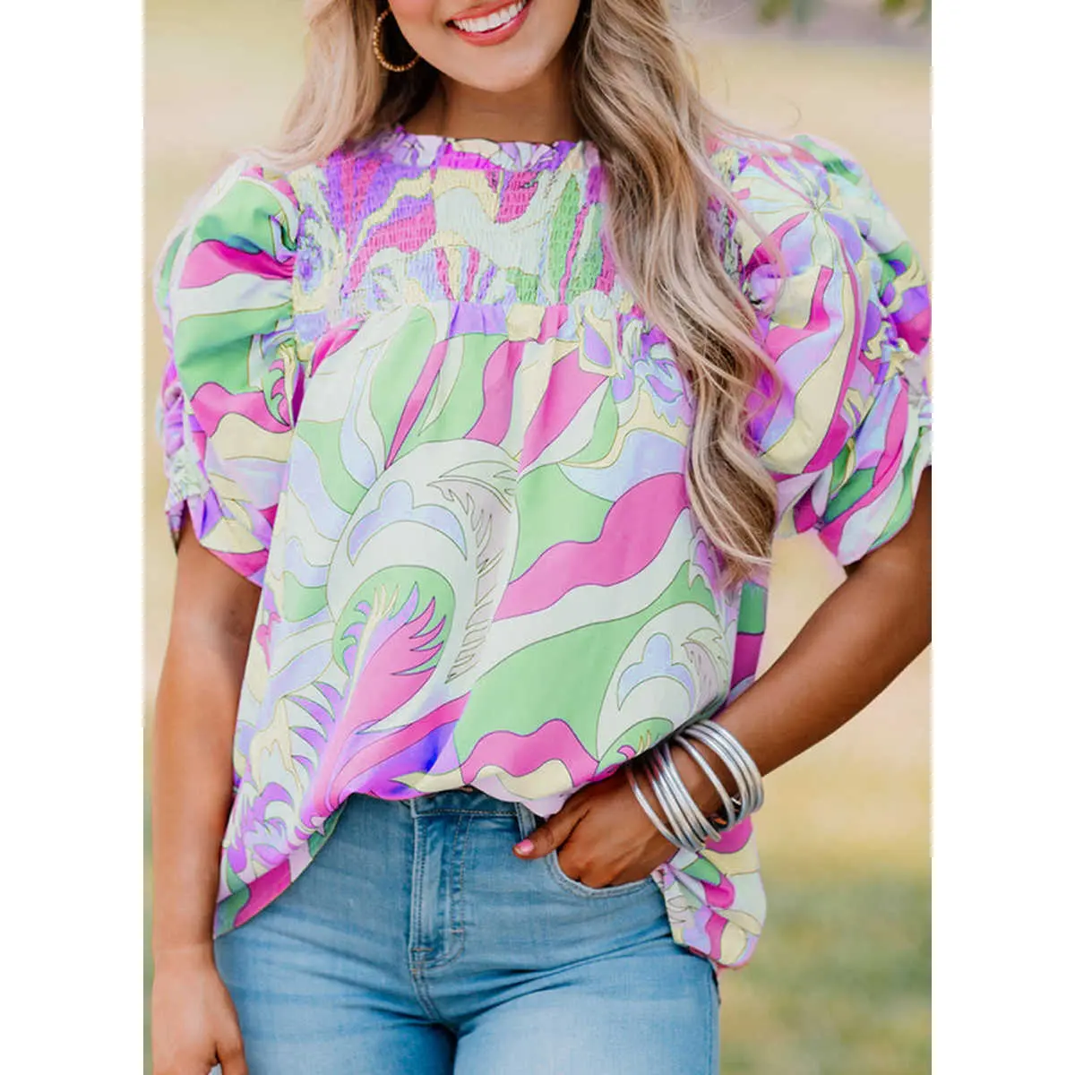 Women's Abstract Print Round Neck Ruched Bubble Sleeve Cotton Blouse - Smock Detail Loose Fit Style Casual Feminine Top for Everyday Wear, Elegant, Shortsleeve, 100% Cotton, Casual Wear, Bubble Puff, Women's Tops And Blouses