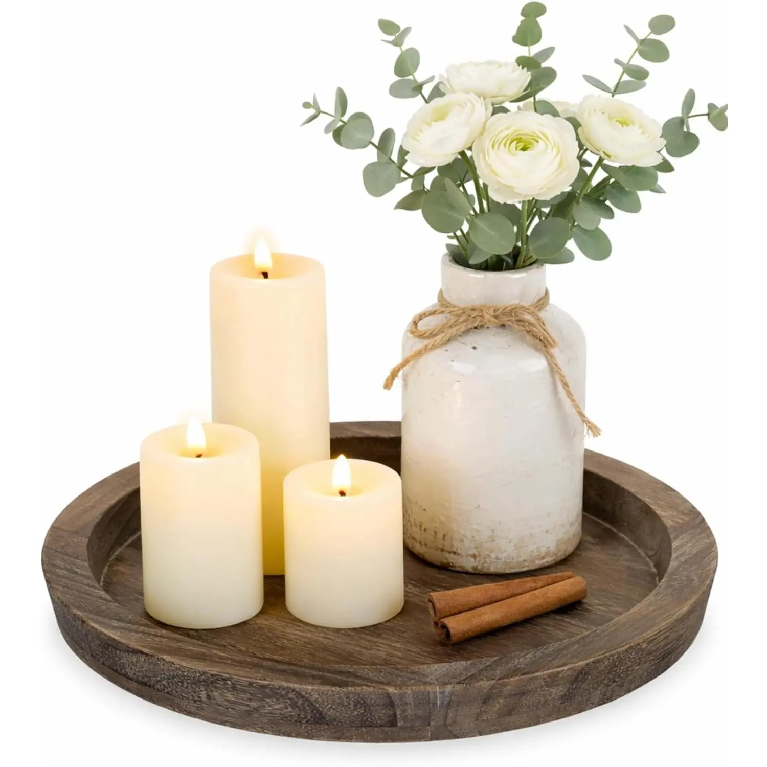Round Wooden Candle Holder Trays for Coffee Table, Distressed Finish | 11.2" Rustic Decorative Candlestick Plates for Kitchen Centerpiece,  Living Room Fall Decor