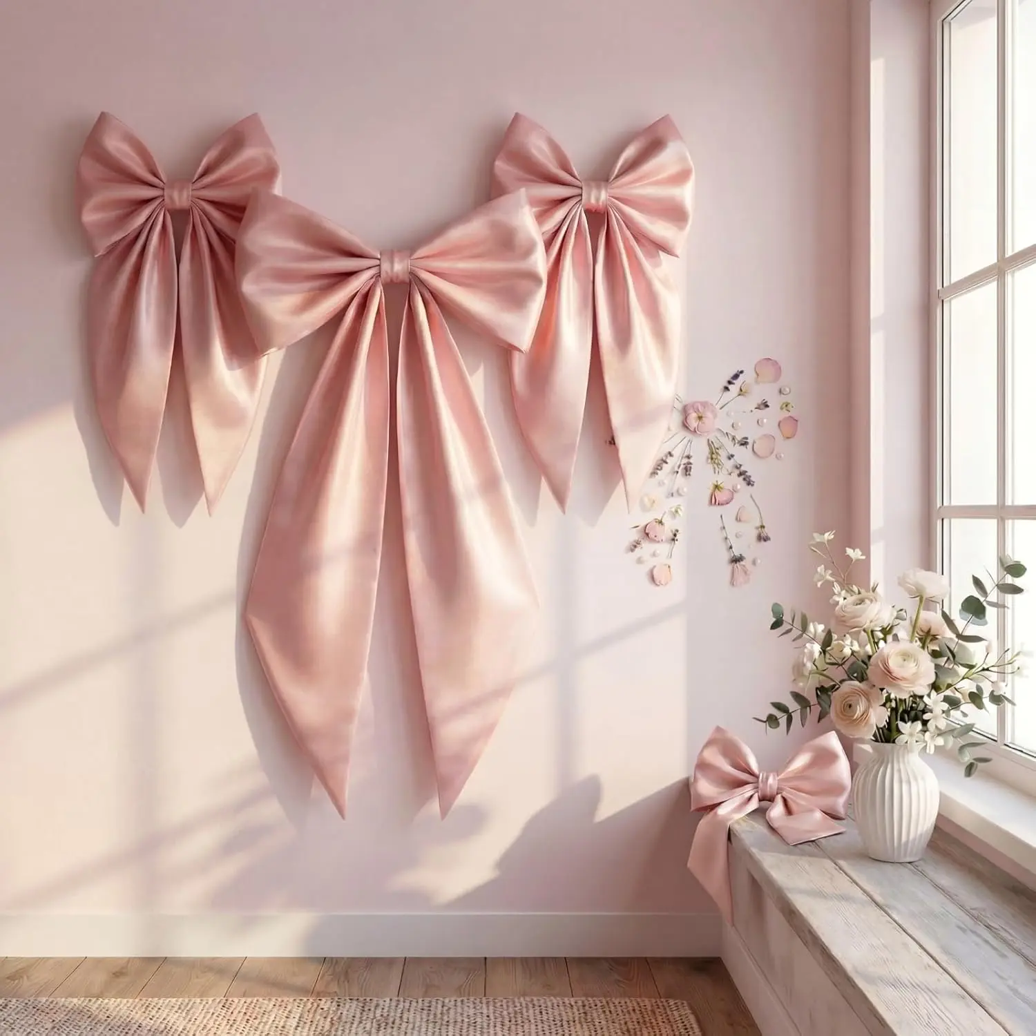 Crowye 7 Pcs Giant Satin Bow Decor - 40 x 24 in Pink Bow and 6 Pcs 23 x 12 in Large Crib Bows for Crib Skirt Nursery Bedding Wedding Bridal Shower Coquette Party Backdrop Decor