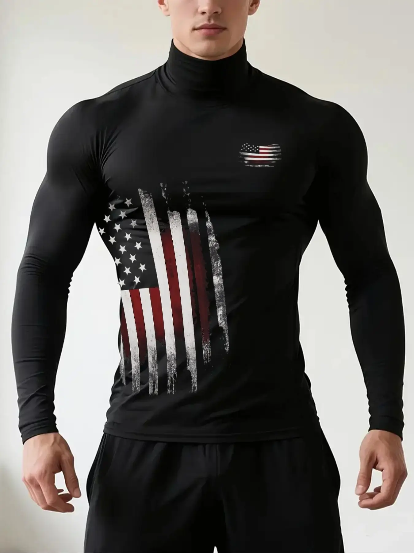 American Flag Print High Neck Tight Fit Activewear, Stretchy Fabric Highlights Muscles, Warm & Cool Design, Ideal for Sports & Daily Wear, Stretchy Workout Top