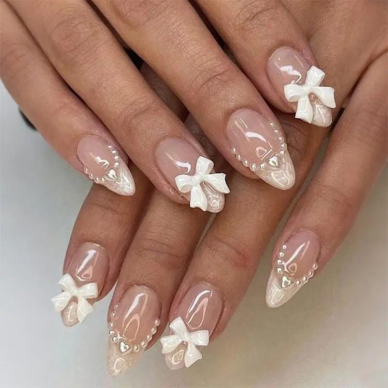 24PCS Foreign Trade Ins Style Bow Pearl Almond Shape Press On Nails Fake Nails Set For Women Back To School Fall Deco Ready To Ship Reusable False Nails For Daily Wear Decoration