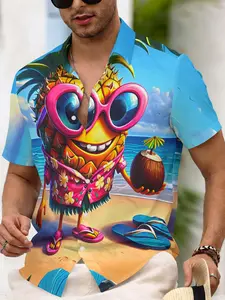 Men's Pineapple Monster Fun Print Short Sleeve Shirt, Cartoon Style Digital Print T-Shirt, Summer Party Eye-Catching Top