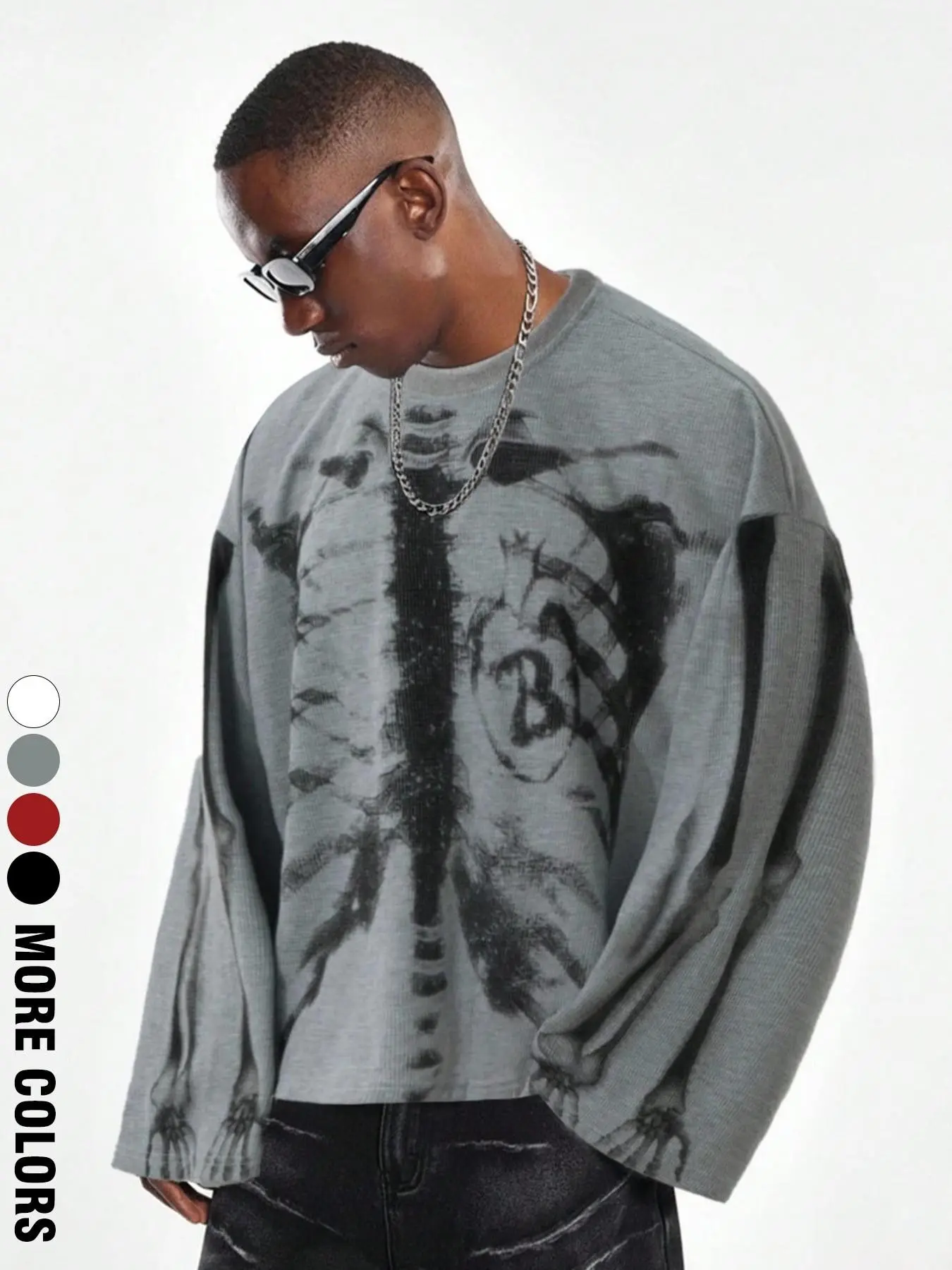 Y2K Skeleton X-Ray Waffle Long Sleeve T-Shirt | Skeleton Print Gothic Top, Harajuku Distressed Streetwear Style Crewneck, Unisex Trendy Alternative Loose Top, Dark Punk Skeleton Casual Wear