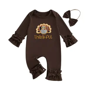 My First Thanksgiving Baby Girl Outfit Long Sleeve Round Neck Turkey/Letter Embroidery Ruffles Turkey Romper Jumpsuit 3 6 12 18 Months
