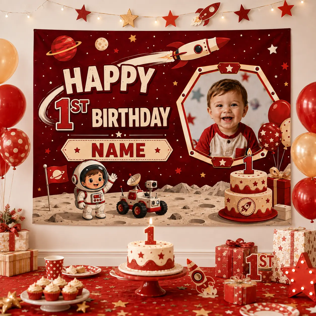 Personalized 1st Birthday Space Backdrop with Custom Photo & Name, Red Rocket Astronaut Moon Party Banner, Baby First Birthday Photo Booth Background Decorations