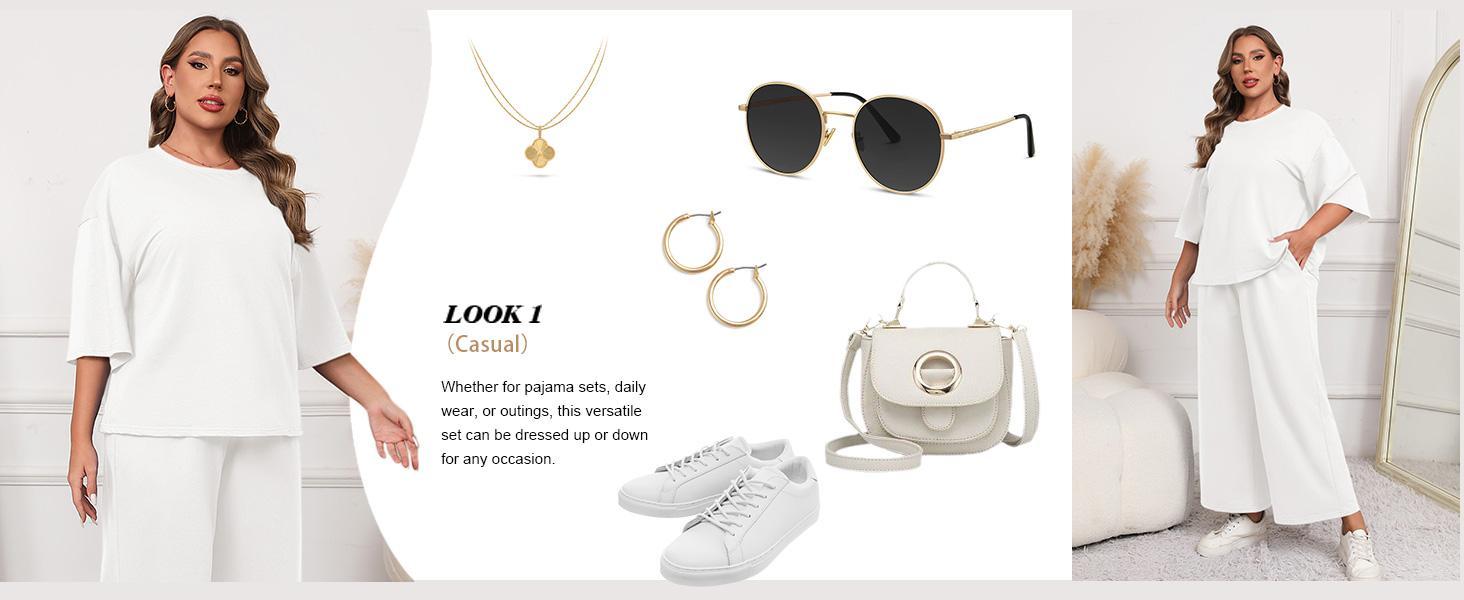 【1XL-5XL】Plus Size Curve Imily Bela Curve Womens Plus Size 2 Piece Outfits 3/4 Sleeve Tops and Wide Leg Pants Loungewear Pajamas Sets