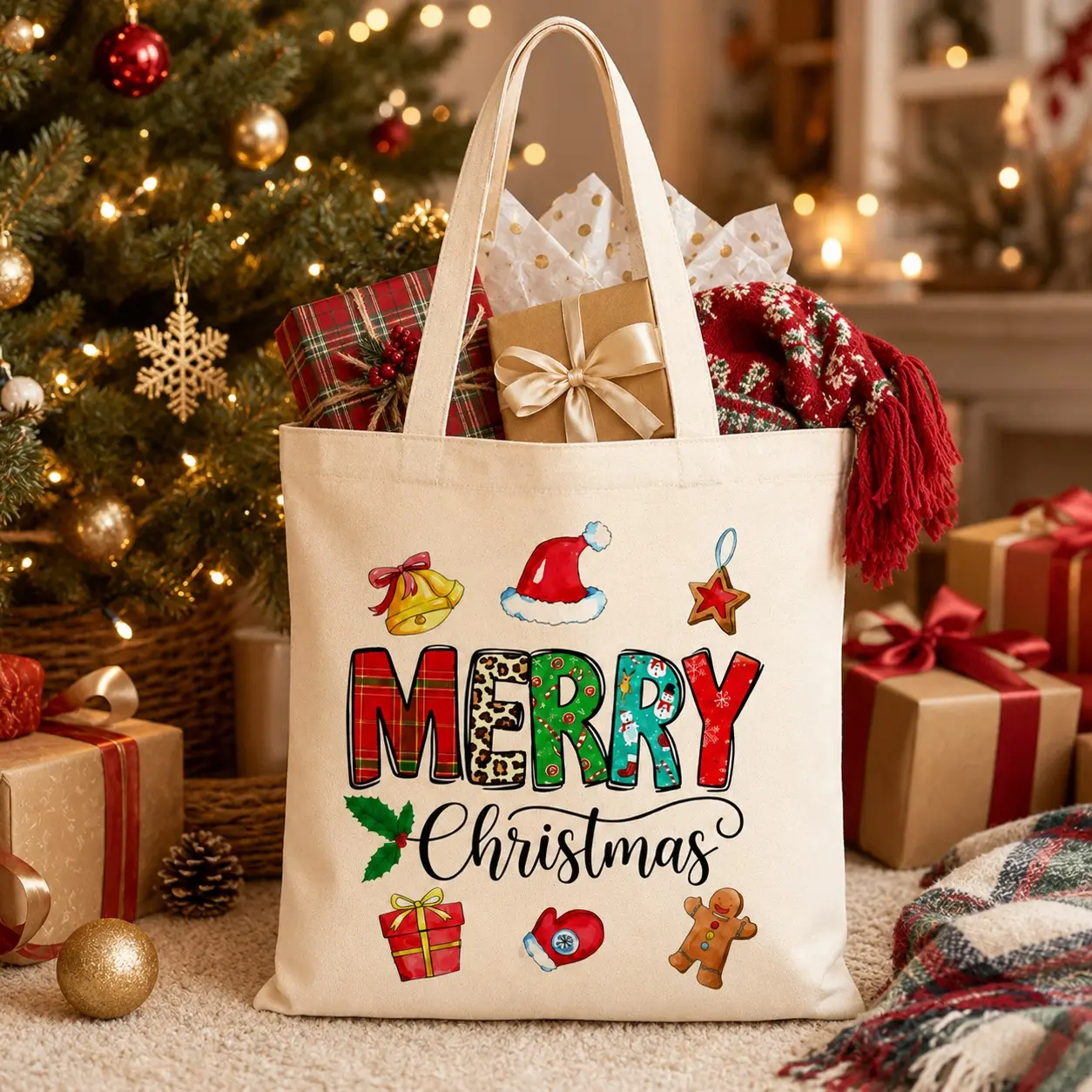 Christmas Canvas Handbag, Creative Merry Christmas Print Gift Bag, Holiday Shopping Bag, Reusable New Year Gift Bag, Festive Packaging Bag