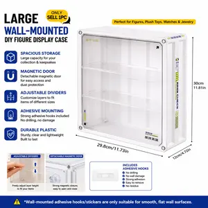 Wall-Mounted DIY Figure Display Case Storage, Adhesive Mounting, Adjustable Dividers, Detachable Magnetic Door, Ideal for Collectible Figurine, Figures, Plush Toys, Watches & Jewelry