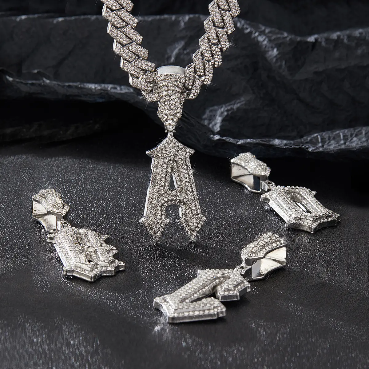 Loveden Iced-Out A-Z Sword Initial Pendant Necklace with Clear Stone Accents and Silver-Tone Cuban Link Chain, 26 Letter Options, Bold Gothic Hip Hop Statement Jewelry for Men and Women, Streetwear, Parties, Birthdays and Personalized Gifts, TS0076