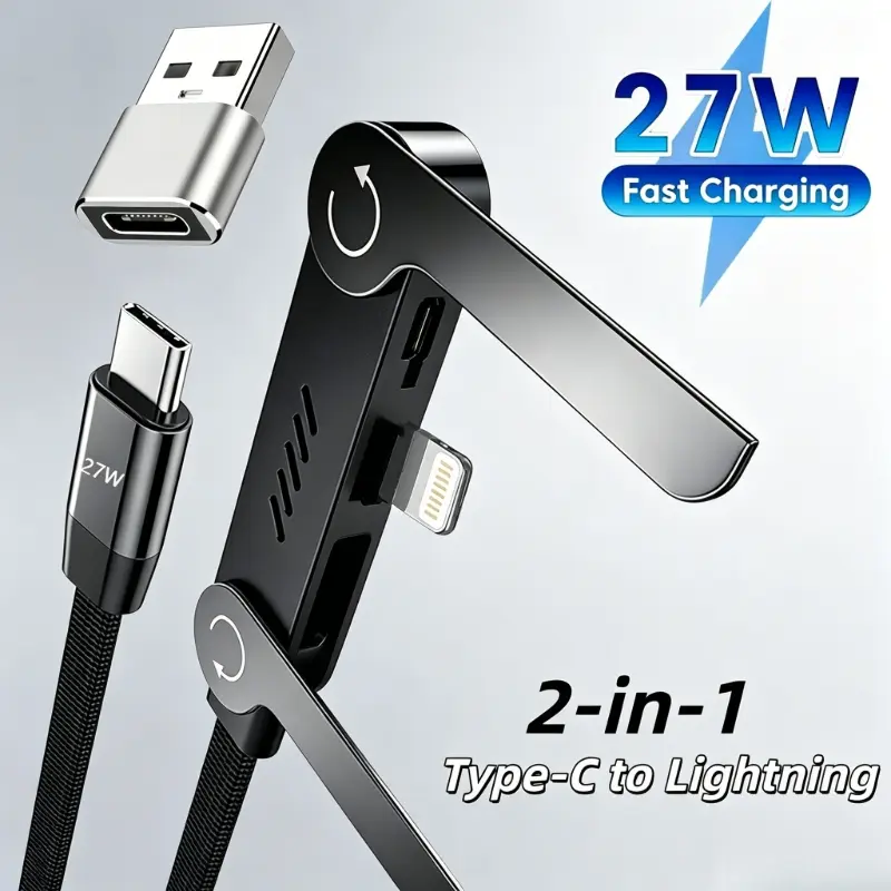 27w Fast Charging Phone Cable USB to Lightning, Lightning Cord, 2-In-1 Foldable Stand Charger, Includes USB Adapter, Quick Charge Mobile Accessories
