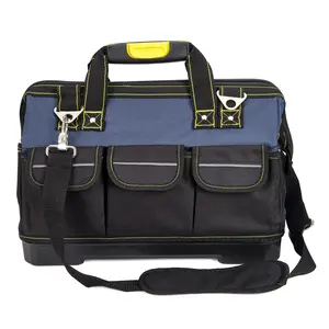 19" Heavy Duty Oxford Tool Bag, Waterproof with Molded Plastic Base, Wide Mouth & Adjustable Shoulder Strap, Large Storage for Mechanics, Electricians, Contractors - Blue