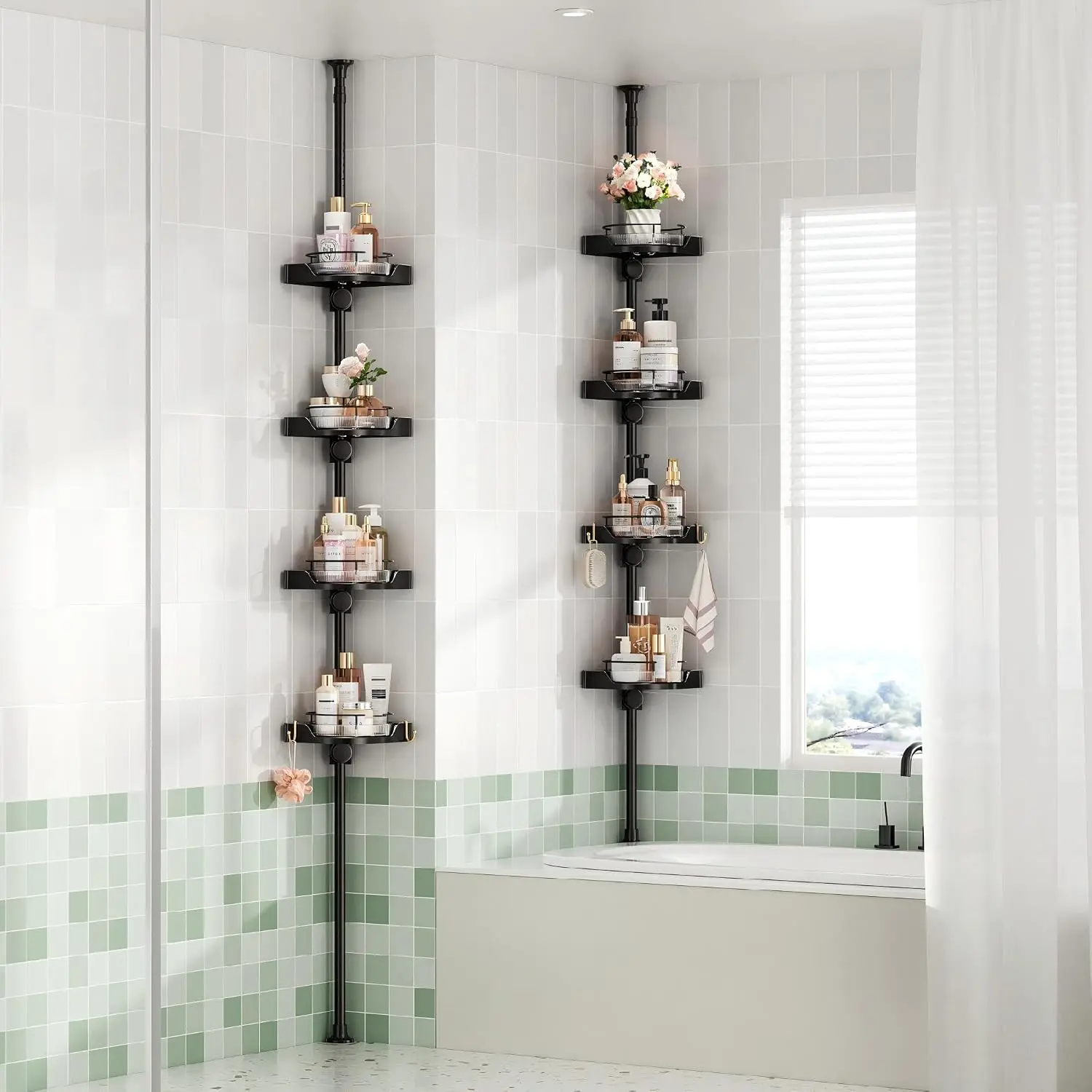 360° Rotating Shower Caddy Tension Pole, 4 Tiers Corner Shower Organizer for Bathroom Shelf Bathtub, Adjustable Standing Shower Rack, Easily Assemble, 34-124 Inch Height, Black