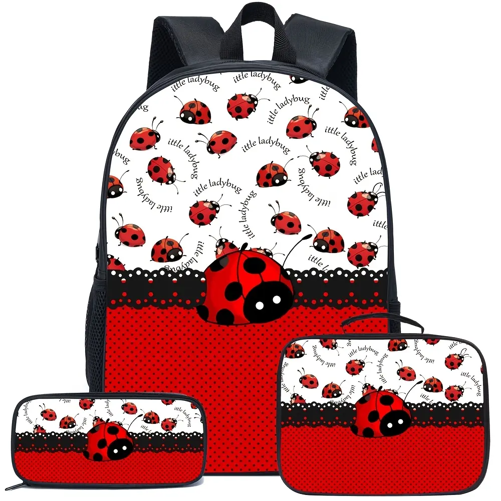 Kids' 3Pcs Oxford Fabric Girlset - Cute Cartoon Ladybug Polka Dot Lace Border, 2D Flat Print Backpack + Insulated Lunch Bag + Pencil Case, Zipper-Closure Insect-Themed Set Pack for Toddlers Girls School/Travel Use