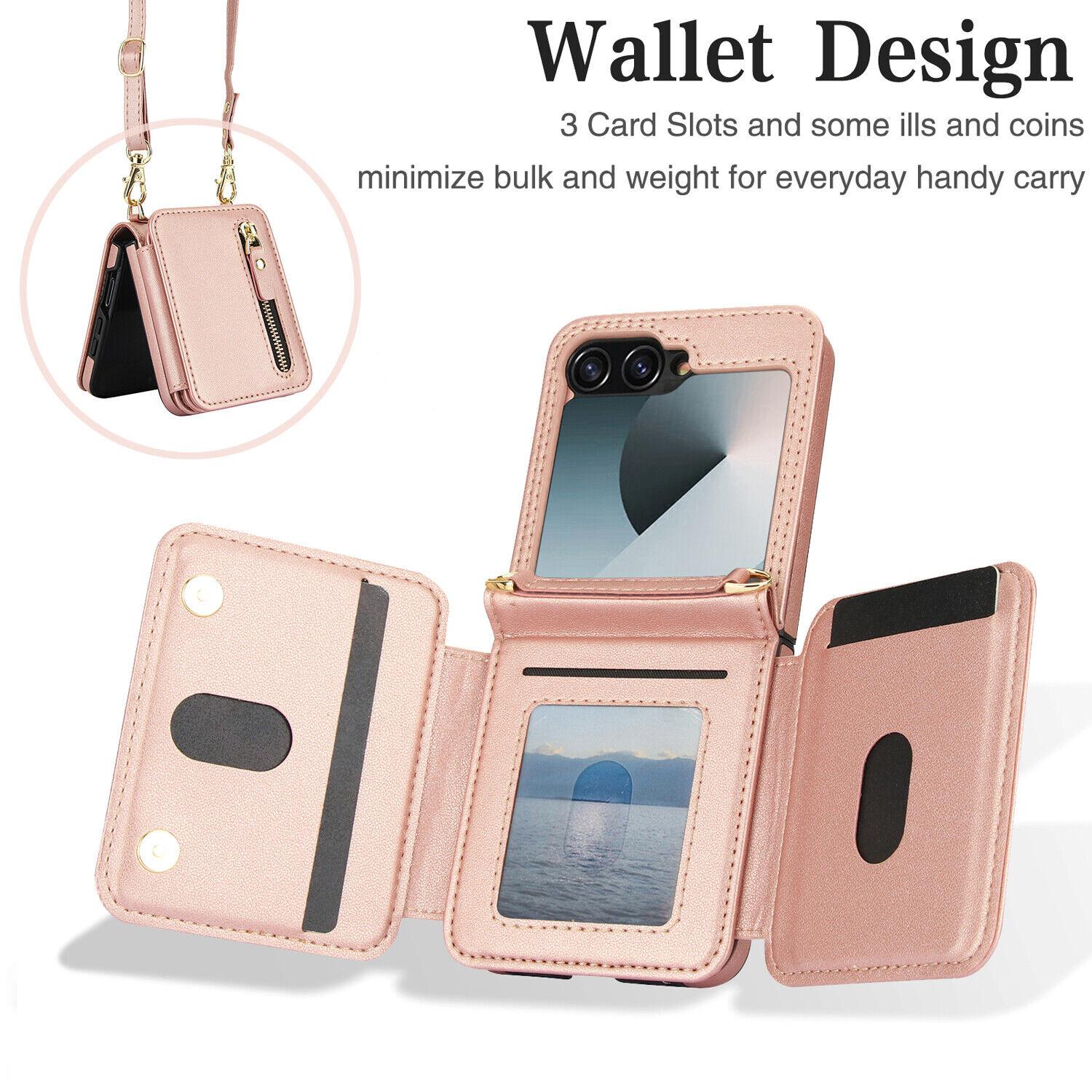 [FREE!SHIP] for Samsung Galaxy Z Flip 6/5/4/3 5G Wallet Case with Built-in PU Leather Cash Slot Zipper Purse with Credit Card Slot Holder Carrying Handbag Stand Phone Case Hinge Protection Adjustable Lanyard for Women Ladies