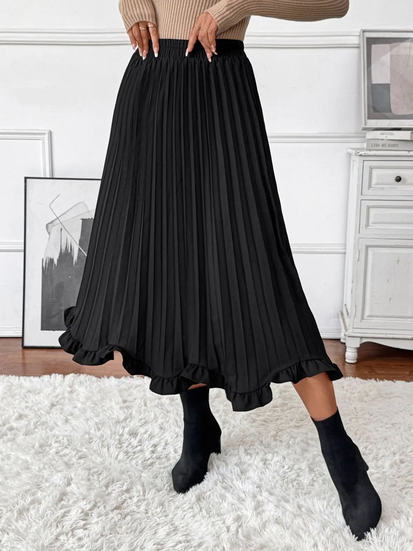 Ruffle Pleated Midi Skirt, Elastic High Waist, Office Daily Wear, Versatile Half Skirt, Comfortable and Stylish Design, Flowy Skirt