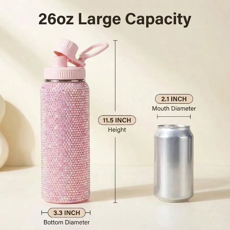 26oz Diamond-Stainless Steel Insulated Tumbler Flask - Leak-Proof Water Bottle with Rhinestone Decor, Lid and Straw, Year-Round Use, Ideal Birthday Gift for Loved Ones, Flasks