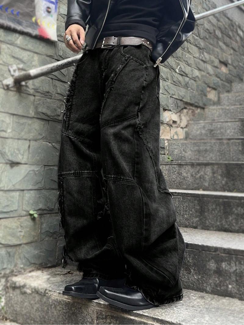Men's Street Style Raw Hem Jeans, Casual Comfy Denim Jeans for Daily Wear, Wide Leg Jeans Bottoms for Men