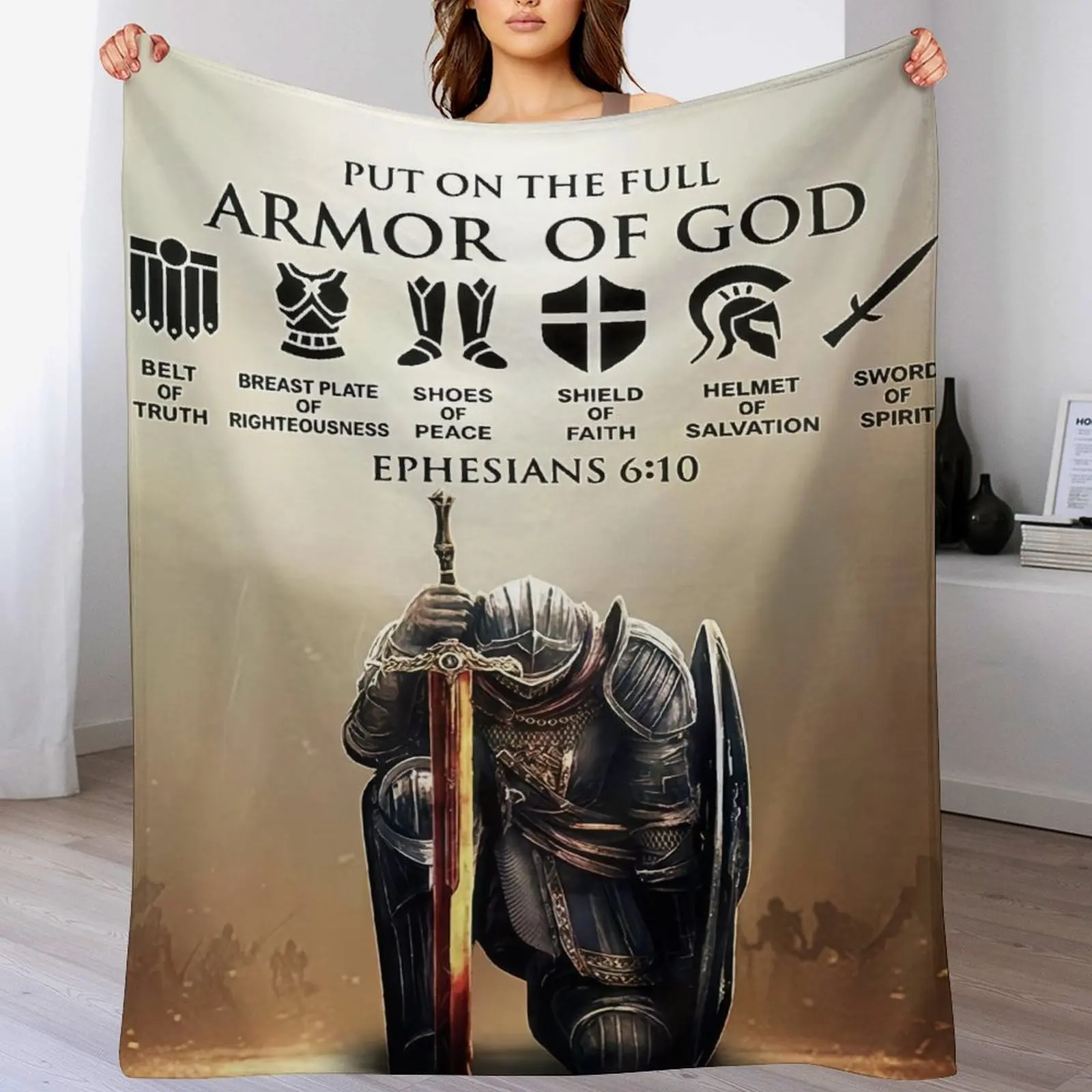 Armor of God Blanket – Ephesians 6:10 Christian Spiritual Warfare Throw, Full Armor Faith Warrior Prayer Blanket, Bible Verse Religious Gift for Men Dad Husband, Strength & Protection Home Decor