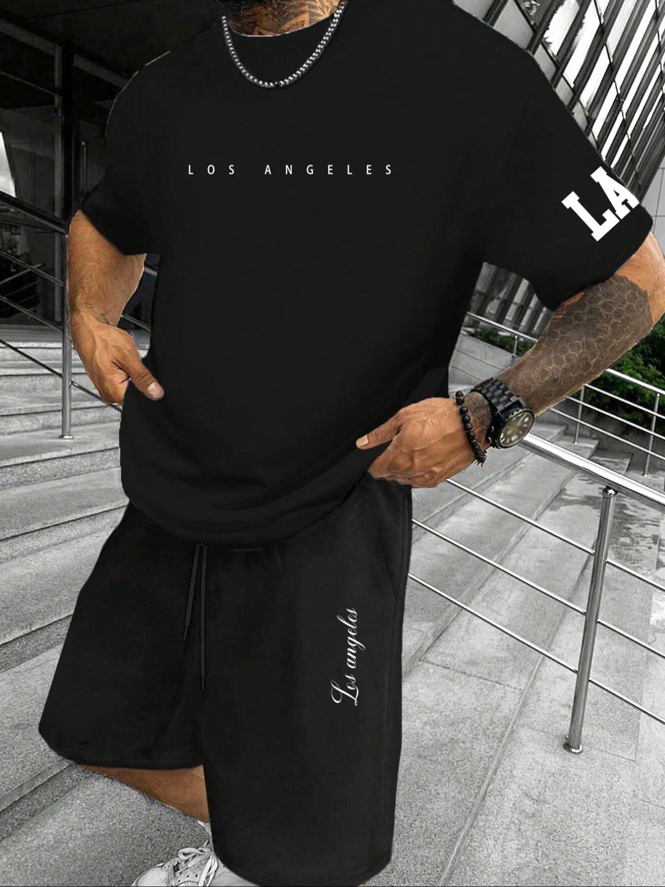 Two-Piece Set Men's Letter Print Short Sleeve Tee & Shorts Set, Regular Fit Casual Round Neck T-shirt & Track Shorts, Men's Summer Clothes, Menswear