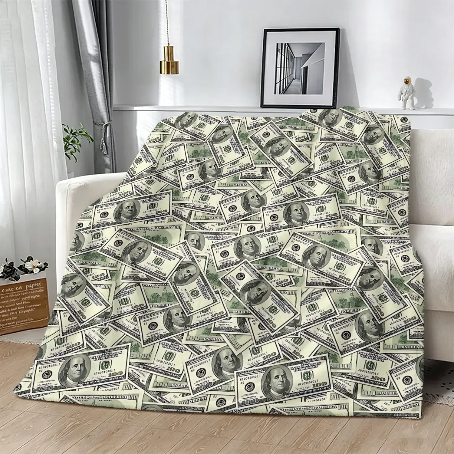 Dollar Bill Print Throw Blanket, Soft Flannel Decorative Blanket, for Sofa, Bed, Couch, Camping, All Season Warm Blanket, Hip Hop Hustler Bedroom Decor & Cool Gift for Money Making Finance Fans