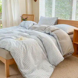 Light Blue Gingham Duvet Cover Set Queen, Blue Grid Simple Geometric Square Pattern Comforter Cover,Soft Washed Microfiber Bedding Cover(3PCS,Queen)
