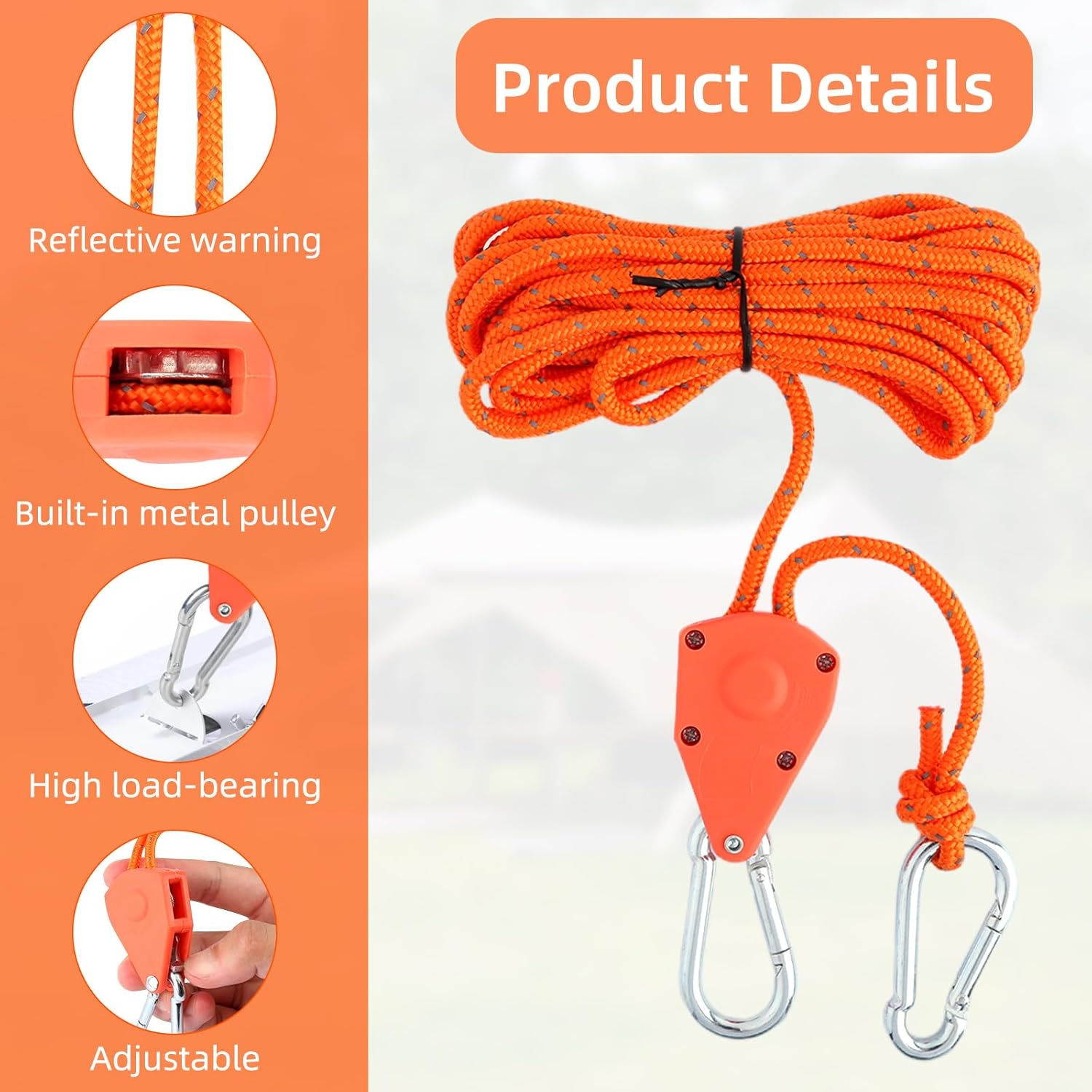 4Pack 4 m 1/8inch Adjustable Rope Hanger, Ratcheting Pulley System Kayak Straps for Hanging Plants Grow Light and Various Tie-Down Uses (Orange) - Home Improvement.