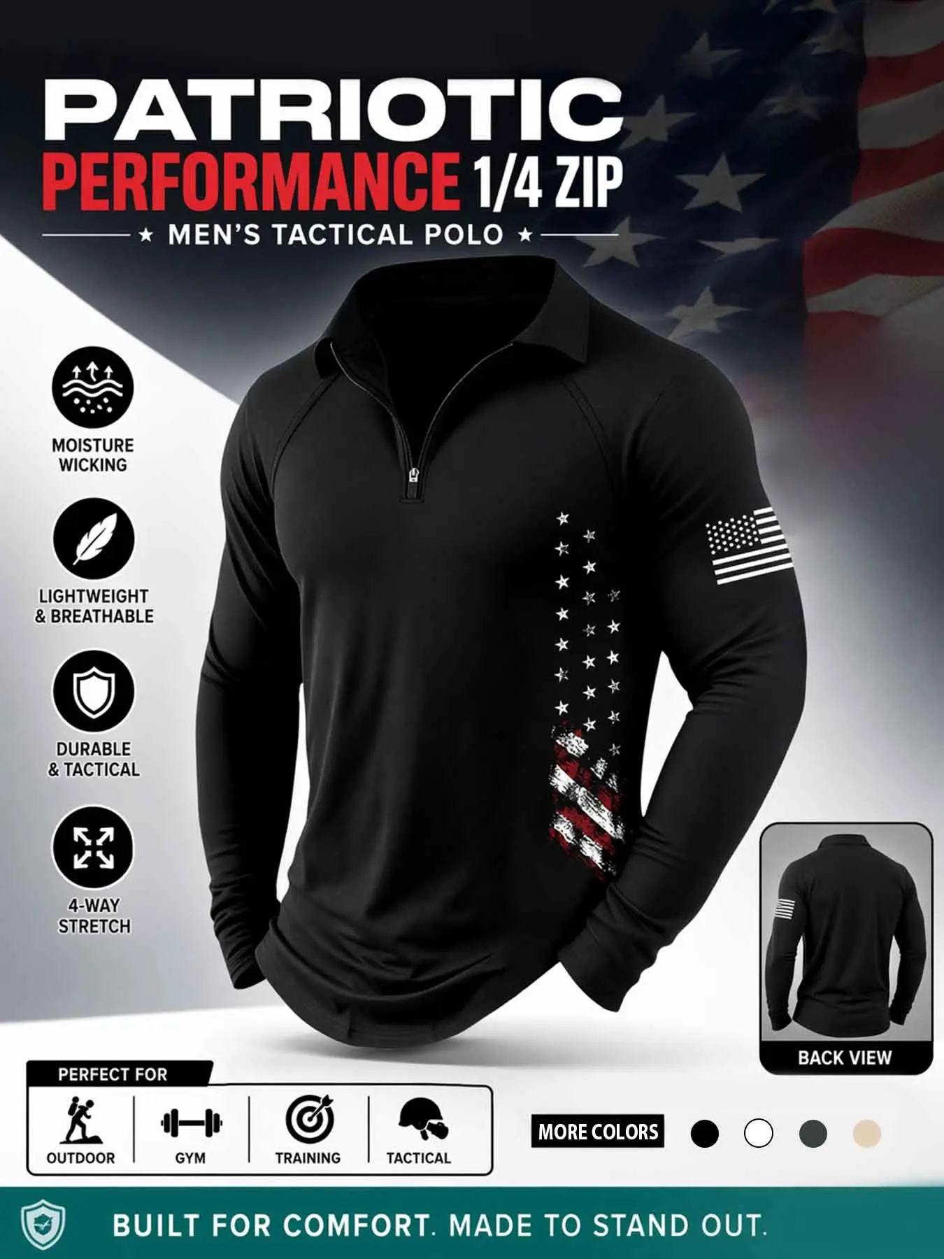 Men Patriotic 1/4 Quarter Zip Collar Tactical Performance Long Sleeve Polo Shirt Vintage Distressed Vertical USA Flag Side Print Mini American Flag On Left Sleeve Moisture Wicking 4-Way Stretch Lightweight Breathable Durable Top For Outdoor Gym Shooting T